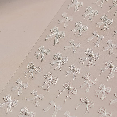 5D Embossed White Lace Bowknot Nail Art Stickers, Pearl Bow Nail Decals for Retro Nail Art Supplies