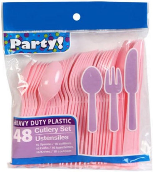 Baby Blue & Light Pink Heavy Duty Plastic Cutlery Sets - 16 Spoons, 16 Forks, 16 Knives - 2 Packs of 48 Total