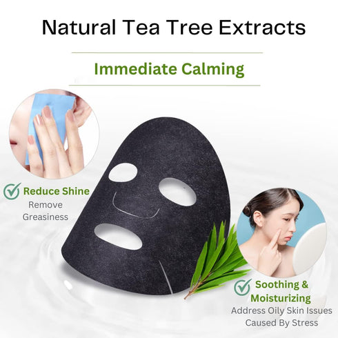 Naruko Tea Tree Shine Control and Blemish Clear Charcoal Sheet Mask with Salicylic Acid, Witch Hazel, Tea Tree Oil,
