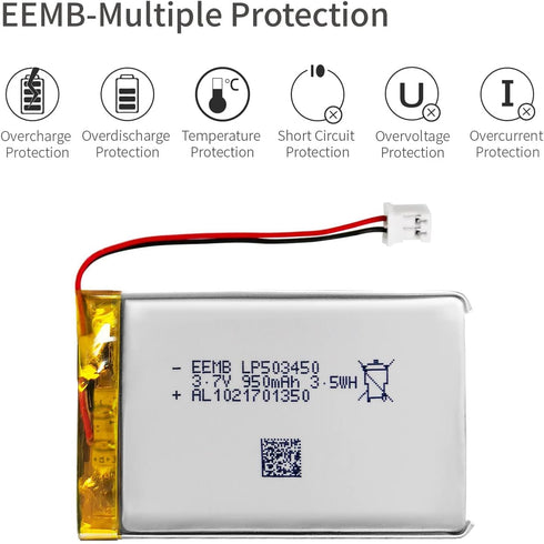 EEMB 3.7V Lipo Battery 950mAh 503450 Lithium Polymer Ion Battery, Rechargeable with JST Connector