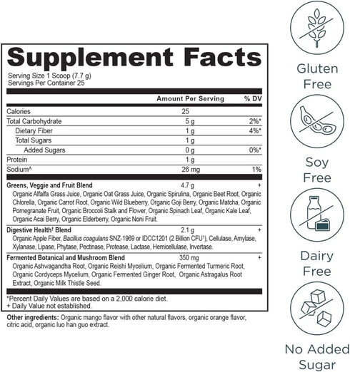 Ancient Nutrition SuperGreens Powder with Probiotics - Organic Mango Flavor Greens, Digestive and Energy Support, Made
