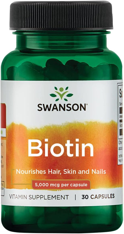 Swanson Biotin B7 Vitamin 5000 mcg - 30 Capsules for Healthy Hair and Nails.