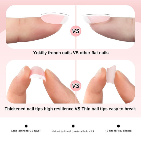 Yokilly Natural French Acrylic False Nails Kit, 12 Different Size Short Press on Nails, Pink White Tips, 120 Pcs