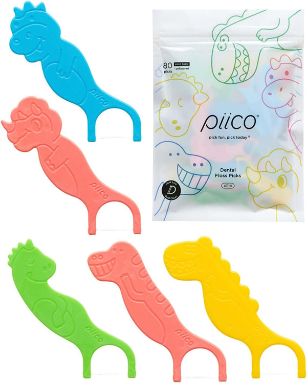 Piico Unflavored Kids Floss - No Fluoride Dual Line Dental Floss Picks, Fun Oral Care in Colorful Design - 80 Count Dino