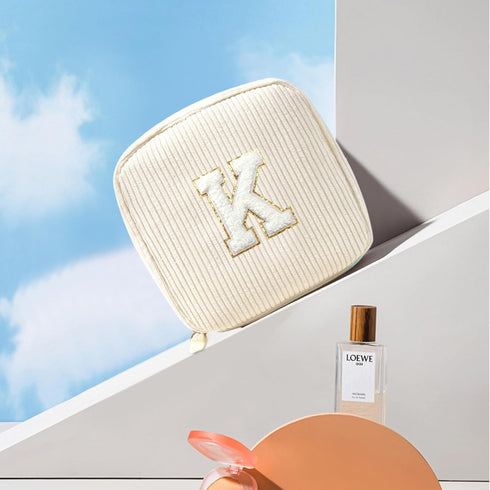 Cute Monogram Personalized Initial Makeup Bag, Cosmetic Pouch for Women, Birthday Gifts for Her, Letter K, Beige