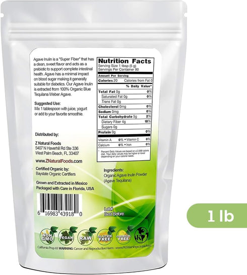 Z Natural Foods Organic Agave Inulin Powder, Natural Fiber Supplement, Prebiotic Superfood Powder for Drinks, Smoothies, and Recipes, Raw, Non-GMO, Vegan, Gluten-Free, Kosher, 1 lb