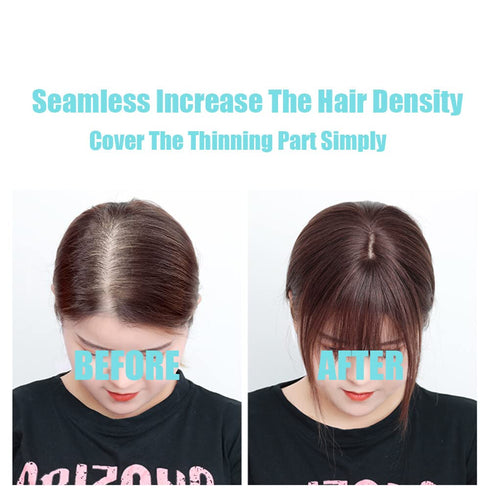 Middle Part Silk Base Human Hair Topper - 7x10cm Clip in Hairpiece with Wispy Fringe, Dark Reddish Brown