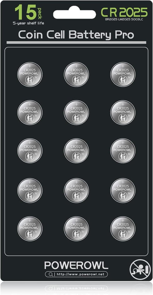 POWEROWL High Capacity CR2025 Battery, 15-Pack, 2025 3V Lithium Batteries, 10 Years Leak-Free