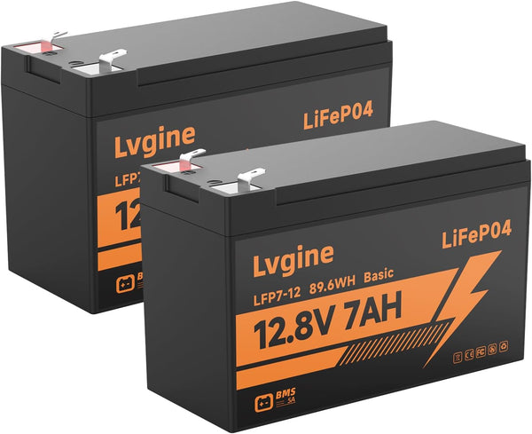 LVGINE 2 Pack 12V 7Ah Lifepo4 Lithium Battery, 2000+ Deep Cycle Lithium Iron