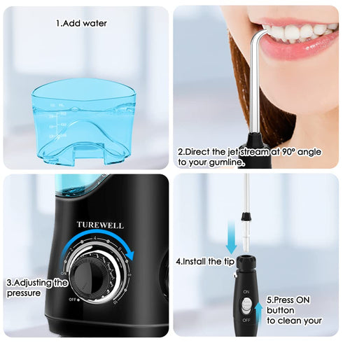 TUREWELL FC162 Water Dental Flosser for Teeth/Braces - 10 Pressure Levels, 8 Water Jet Tips, 600ML Electric Irrigator
