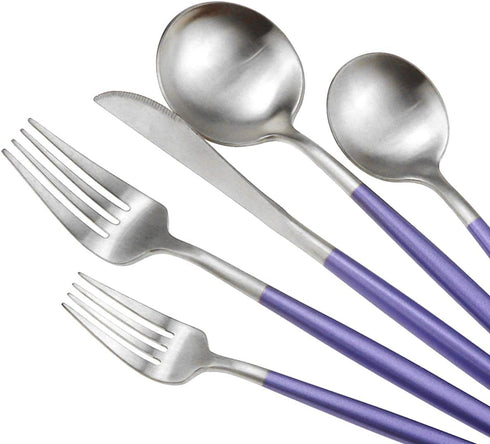 Gugrida Luxury Flatware, Royal 5 Piece Matte Purple Handle 18/10 Stainless Steel Tableware Set for 1, Camping Utensils