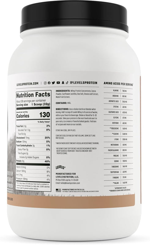 Levels Grass Fed Whey Protein Powder, Pure Chocolate, 24G Protein, No Artificials, 2LB