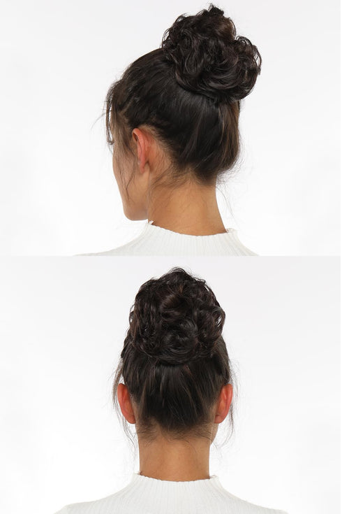 Messy Bun Hair Pieces for Women - Rose Bud Updo Curly Extension Scrunchie Darkest Brown Tend to Black