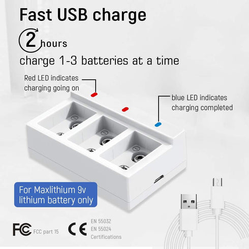 maxlithium 9v 9 800mAh 7200mWh,3 Pack Rechargeable Batteries, Lithium-ion Volt Battery Capacity with Quick Charger