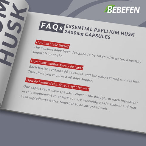 BEBEFEN Psyllium Husk Capsules 2400mg with Black Pepper - 2 Month Supply, Non-GMO, Gluten-Free Daily Fiber