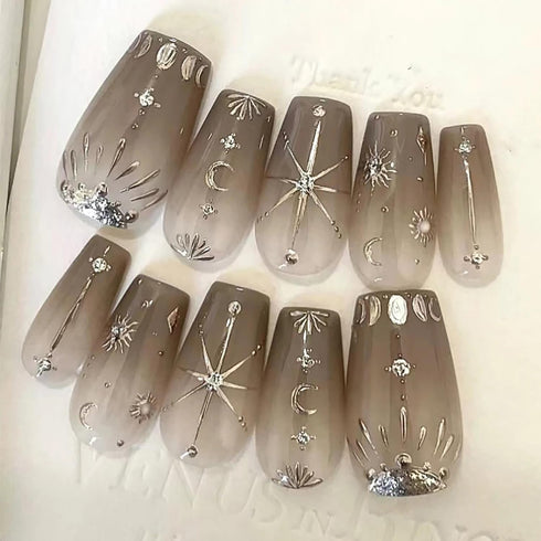 Laser Silver Nail Art Sticker Decal, Sun Moon Butterfly Design, 3D Self-Adhesive Nail Art Supplies, 6 Sheets