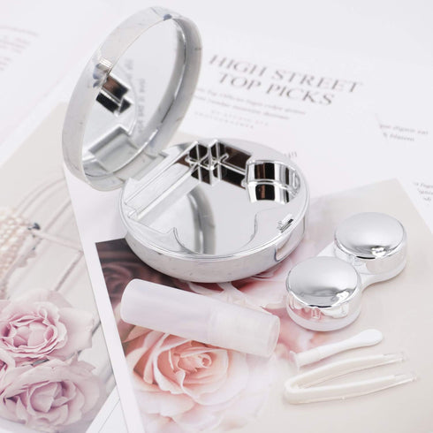 Honbay Fashion Marble Contact Lens Case - Portable Kit with Mirror (Round) (Silver)
