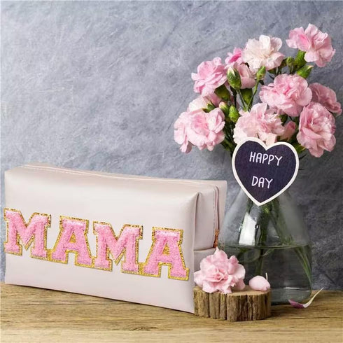 Y1tvei Preppy Patch Extra Large Mama Varsity Letter Makeup Bag, Pink Chenille Letter PU Leather Zipper Organizer