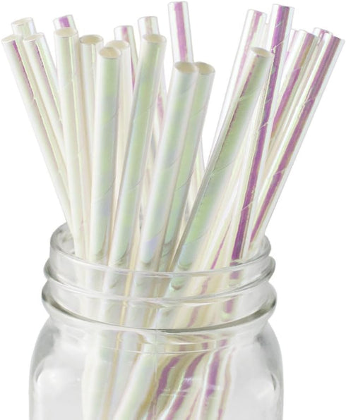 Foil Iridescent Pink Pearl Cocktail Paper Straws, Disposable 7.75 Inches, Pack of 100 for Parties