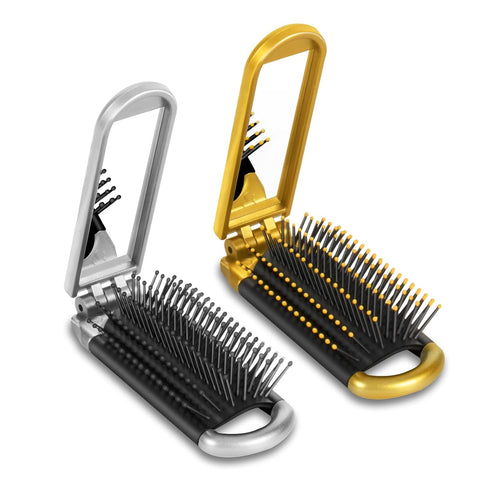 Yusong Hair Brush Set, 2 packs Mini Travel Folding Hairbrush with Mirror for Women Girls, Gold & Silver