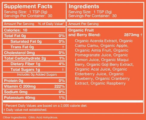 Live Ultimate Ultimate C 30 Day Pouch - Organic Whole Food Vitamin C Powder, 13 Superberries & Superfruits, Non-GMO,