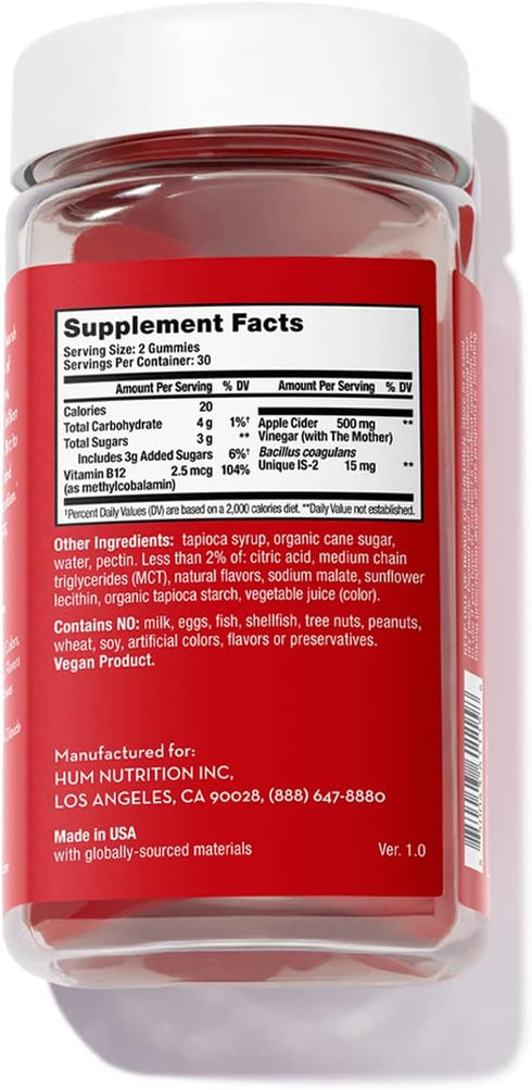HUM Pro ACV Gummies - 100% Organic Apple Cider Vinegar with The Mother, Probiotics & B12 for Digestive Health