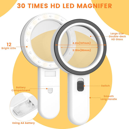 AIXPI Magnifying Glass with Light, 30X Handheld Large Magnifying Glass 12 LED Illuminated Lighted Magnifier for Macular Degeneration Seniors Reading Inspection Coins Jewelry by AIXPI