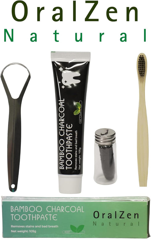OralZen Total Dental Care Kit, Advanced Charcoal Fluoride Free Toothpaste, Bamboo Soft Bristle Toothbrush, Tongue