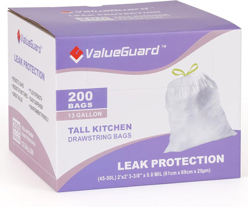 13 Gallon Drawstring Trash Bags | Tall Waste Bag for Kitchen | Office | Party | 0.8 Mil | 200 Count