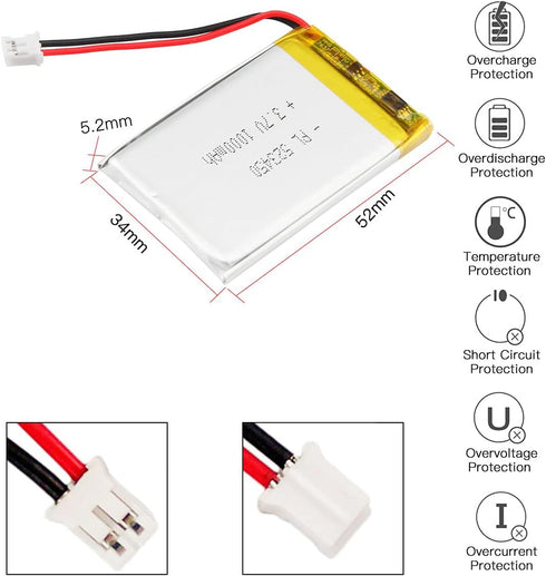 3.7V 1000mAh Battery 523450 Lithium Polymer Ion Rechargeable Li-ion Li-Po Battery with 2P PH 2.0mm Pitch Connector