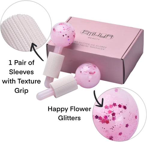 Ice Globes for Facials - Cool Skincare Cryo Tools for Face and Eye Puffiness Relief - Pink Drink Glitter