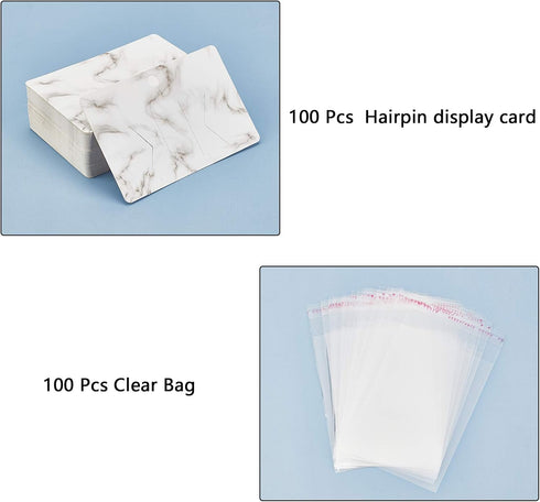 PH PandaHall 100pcs Hair Bow Holder, Marble Pattern Hair Clip Display Cards with 100pcs OPP Bags