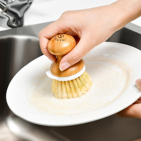 SUBEKYU Bamboo Dish Brush, Natural Wooden Dishwashing Scrubber for Cleaning Dishes, 1 Set