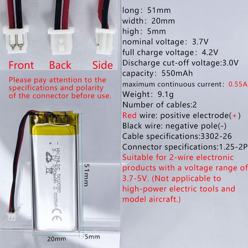 HXJNLDC 3.7V 550mAh 502050 3.7-5V 2-Wire DC Rechargeable Lithium Polymer Battery, Suitable for DIY Electronic Products