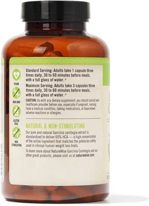Naturewise Garcinia Cambogia - 60% HCA Extract, Natural Support for Weight Goals, Energy Levels - Vegan, Non-GMO,