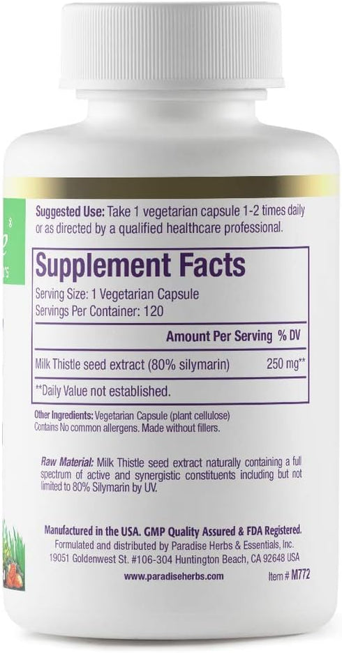 Paradise Herbs Milk Thistle, Active Whole Spectrum Extract, Super Potent, Ultra Pure, Vegan, Non GMO, Gluten Free, 120 Vegetarian Capsules