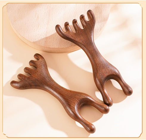 M.lemo925 (5+2-Claws) Golden Sandalwood Massager Tool Eye Massage Device Scalp Gua Sha Wooden Comb Forehead Massage