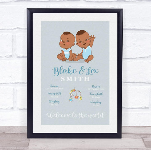 The Card Zoo New Baby Birth Details Christening Nursery Dark Skin Boy Twins Gift Print