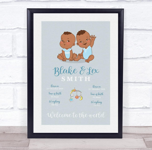 The Card Zoo New Baby Birth Details Christening Nursery Dark Skin Boy Twins Gift Print