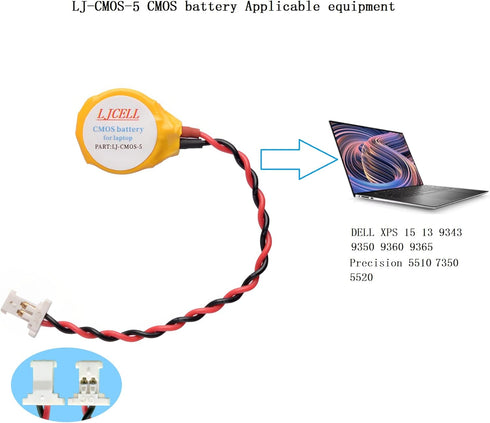CMOS ML1220 Battery for DELL XPS 13 15, BIOS RTC with 2 Wire Cable