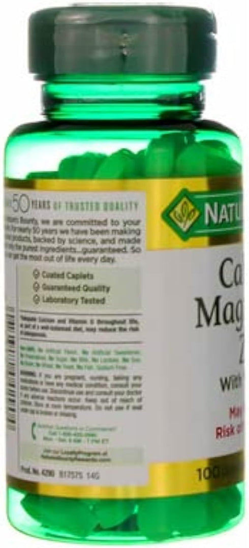 Nature's Bounty Calcium Magnesium & Zinc Caplets, 100 Count, Supports Immune & Bone Health