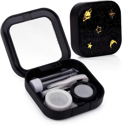 Contact Lens Case, Cute Stars Moon Holder Kit with Remover Tool, Tweezers, Mirror & Solution Bottle (Black)