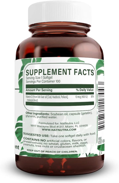 Natural Nutra Supreme Vitamin D3 400 IU Softgels, Immune Support, Sunshine Vitamin, Bone and Teeth Strength, Gluten-Free, 100 Softgels