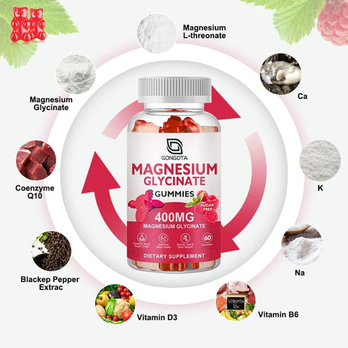 Magnesium Glycinate Gummies 400 mg with 100 mg Magnesium L-Threonate, Supports Calm, Sleep, Memory, 120 Gummies