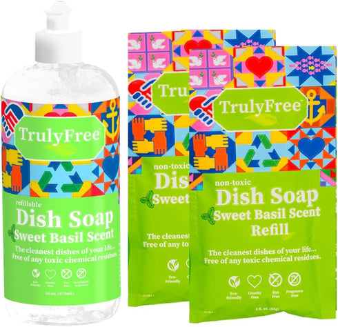 Non-Toxic Natural Liquid Dish Soap | Long-Lasting Sweet Basil Fresh Scent | Includes 1 Empty Refill Bottle (16oz), 2