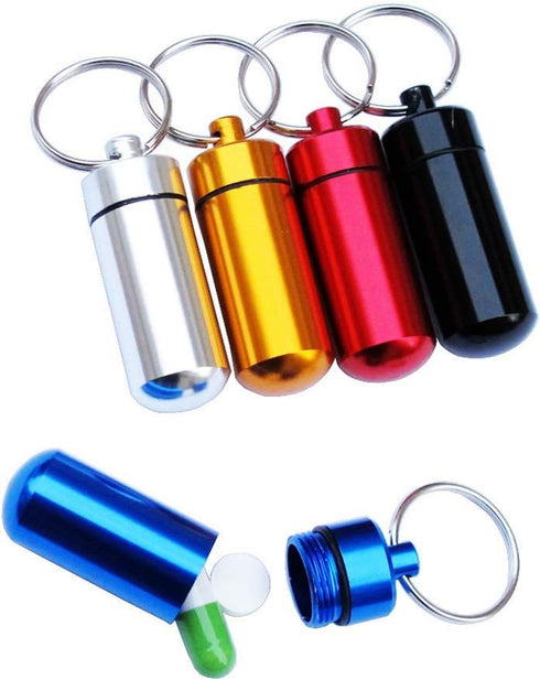 Purple Mini Pill Organizer, Metal Pill Box with Keychain Case, Waterproof for Outdoor Travel, Camping, Hiking