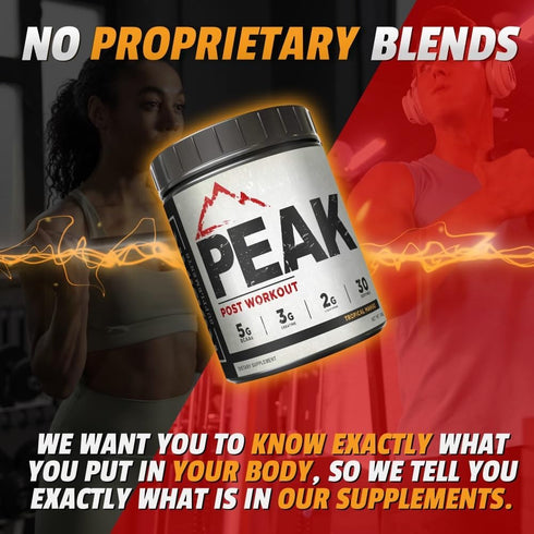 Peak Post Workout Supplement - BCAA 2:1:1 Creatine and Glutamine for Muscle Recovery - 30 Servings - Tropical Mango