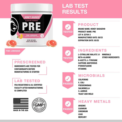 Honey Badger Pre Workout Powder - Keto Vegan Preworkout for Men & Women with Vitamin C, Beta Alanine, Caffeine, Pink