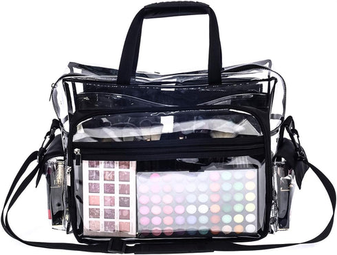 Medium Clear PVC Makeup Artist Set Bag, Transparent Cosmetic Storage for Travel, Stadium Approved Tote with Strap