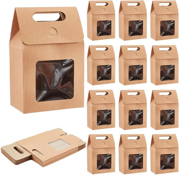 PH PandaHall 24pcs Kraft Paper Goodies Boxes with Clear Windows for Christmas, Halloween, Treats, 2.3x3.9x3.7 inch
